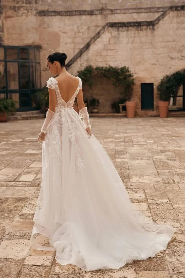 Charming Backless Wedding Dress For Women V-neck Sparkly 3D Flower Court Train Sequined Vestido De Noiva Customized - Image 3