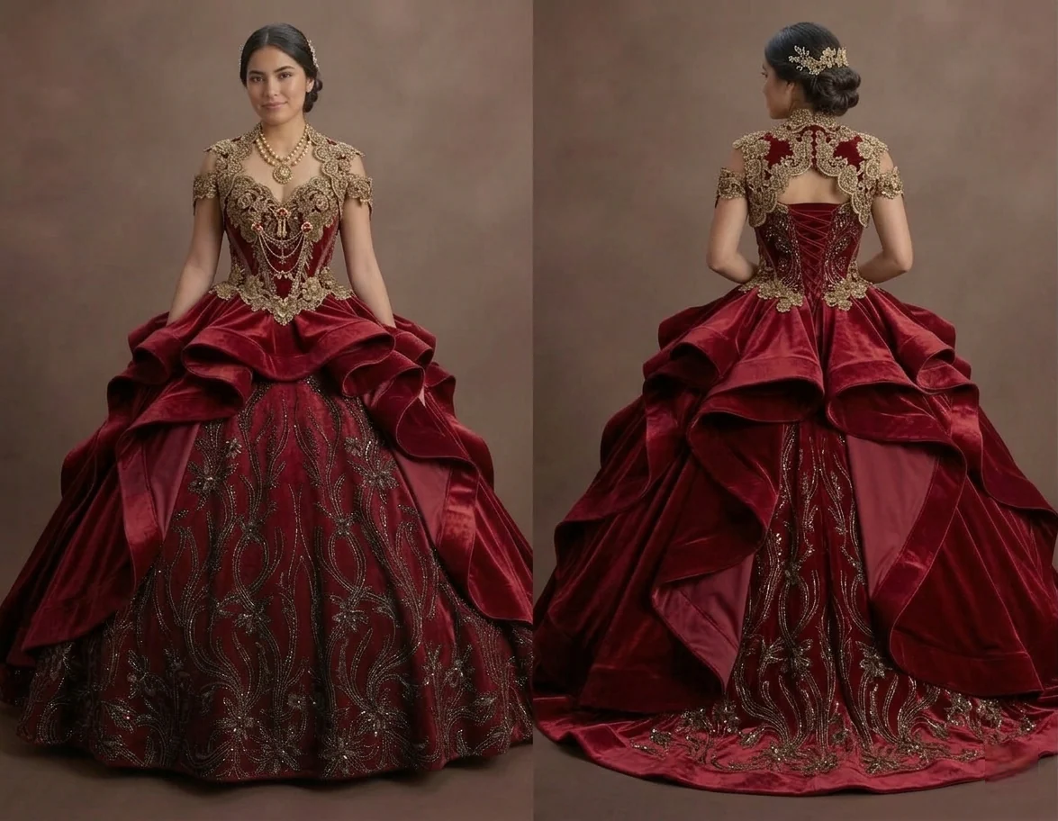 Charro-Inspired Red Quinceañera Dress with Gold Lace