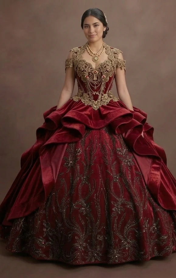 Charro-Inspired Red Quinceañera Dress with Gold Lace - Image 2