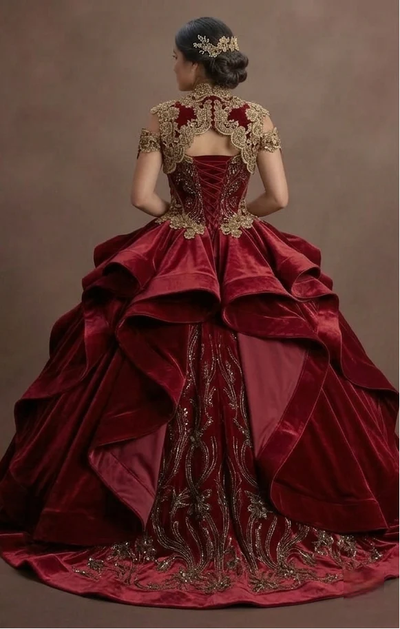 Charro-Inspired Red Quinceañera Dress with Gold Lace - Image 3