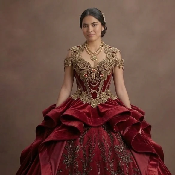Charro-Inspired Red Quinceañera Dress with Gold Lace - Image 4