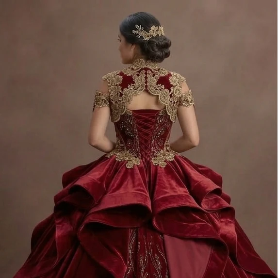 Charro-Inspired Red Quinceañera Dress with Gold Lace - Image 5