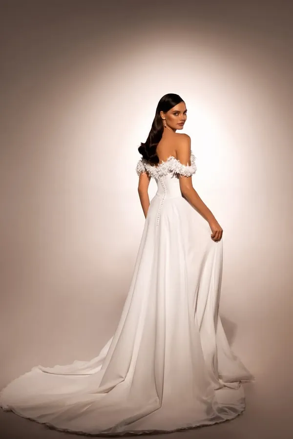 Chic A-Line Wedding Gown with Boat Neckline, Dropped Straps, and Button Embellishments - Image 2
