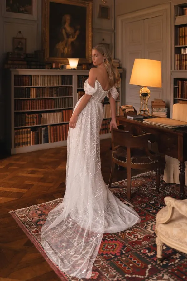 Chic Sheath Nuptial Dress with Dropped Straps, Open Neckline, Glitter Embellishments, and a Natural Waistline for a Sophisticated Bridal Look - Image 2