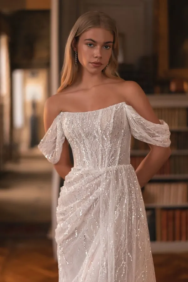 Chic Sheath Nuptial Dress with Dropped Straps, Open Neckline, Glitter Embellishments, and a Natural Waistline for a Sophisticated Bridal Look - Image 3