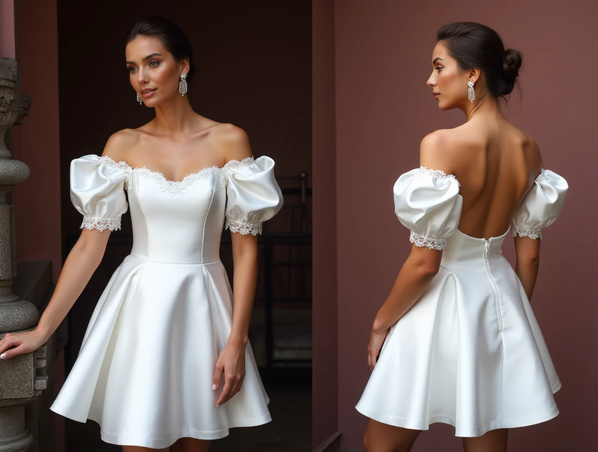 Chic Short Wedding Dress and Mini Dress with a Square Cut and Puff Sleeves