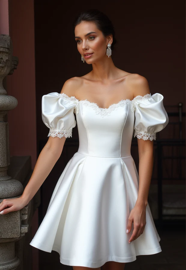 Chic Short Wedding Dress and Mini Dress with a Square Cut and Puff Sleeves - Image 2