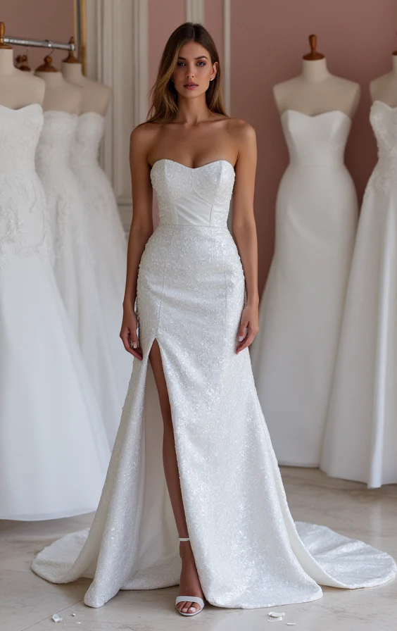 Chic White A-Line Bridal Gown with a Deep V-Neckline and Illusion Sleeves - Image 2