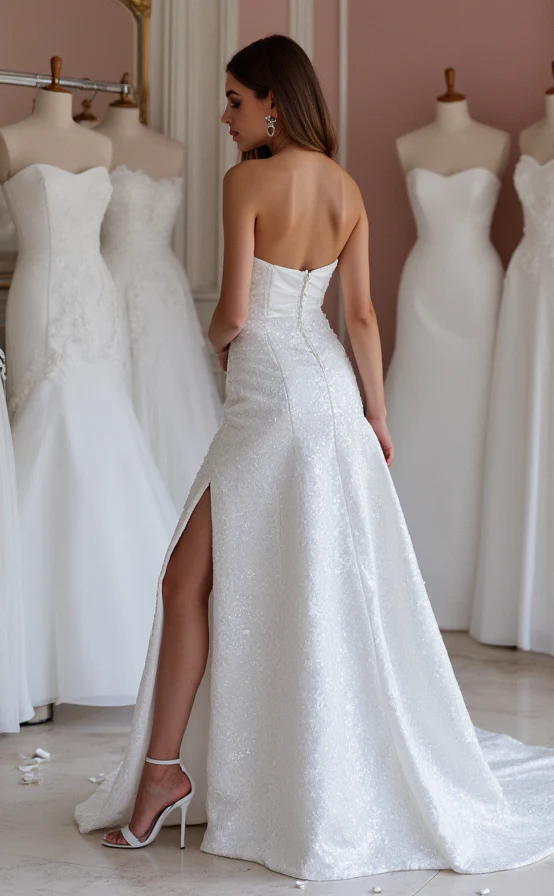 Chic White A-Line Bridal Gown with a Deep V-Neckline and Illusion Sleeves - Image 3