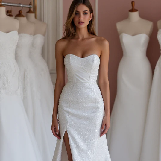 Chic White A-Line Bridal Gown with a Deep V-Neckline and Illusion Sleeves - Image 4