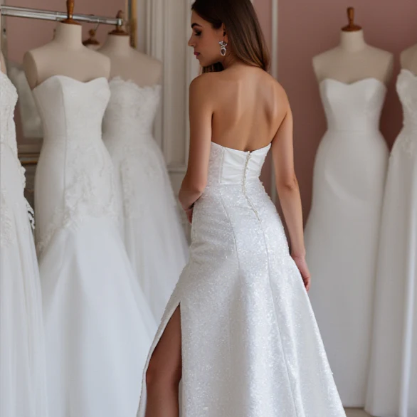 Chic White A-Line Bridal Gown with a Deep V-Neckline and Illusion Sleeves - Image 5