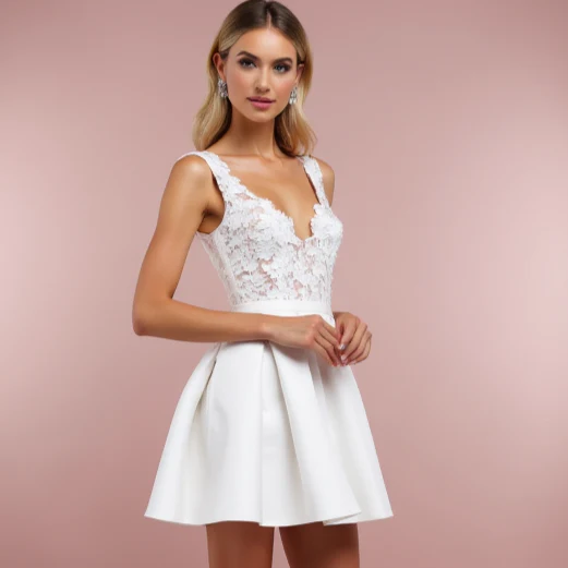 Chic White Mini Short Wedding Dress with Pearl Embellishments for a Glamorous Touch - Image 4