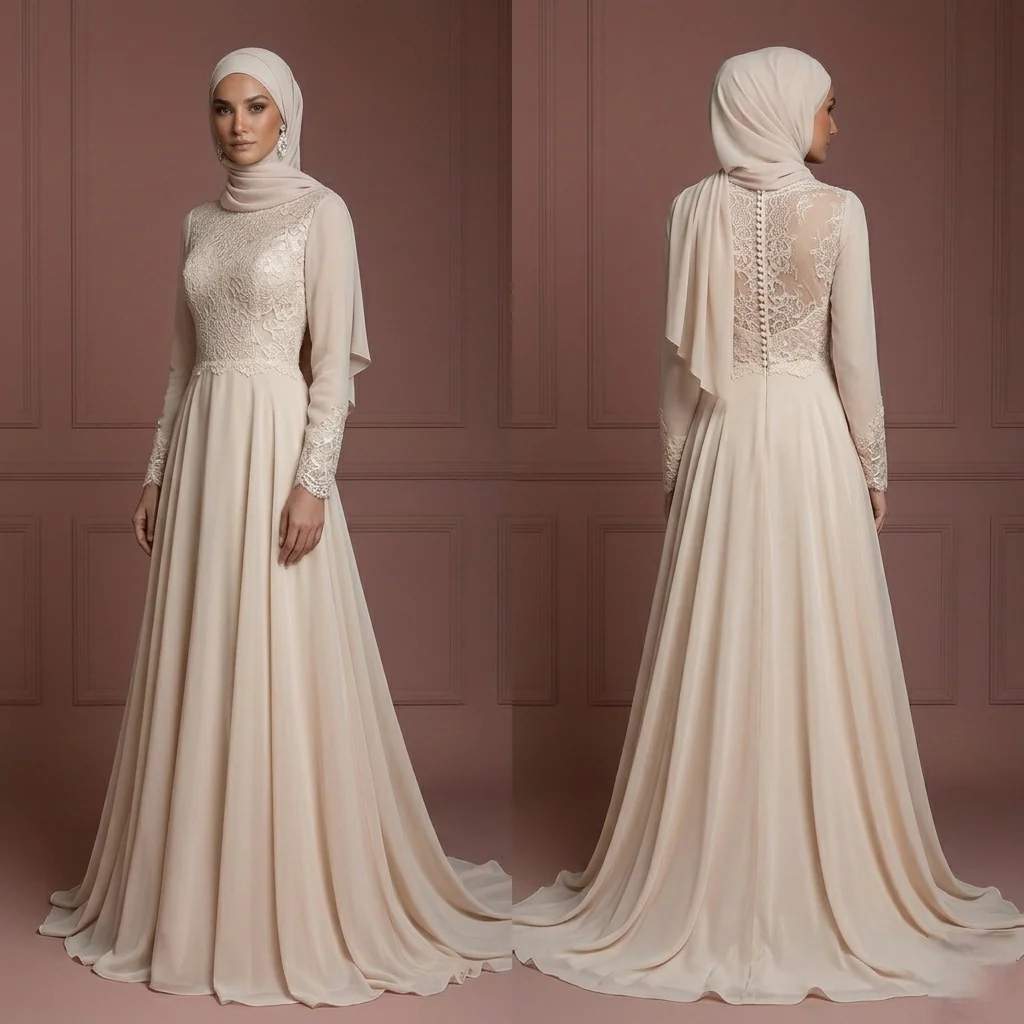 Chiffon A-Line Hijab Wedding Dress – Soft Champagne Modest Look Muslim
