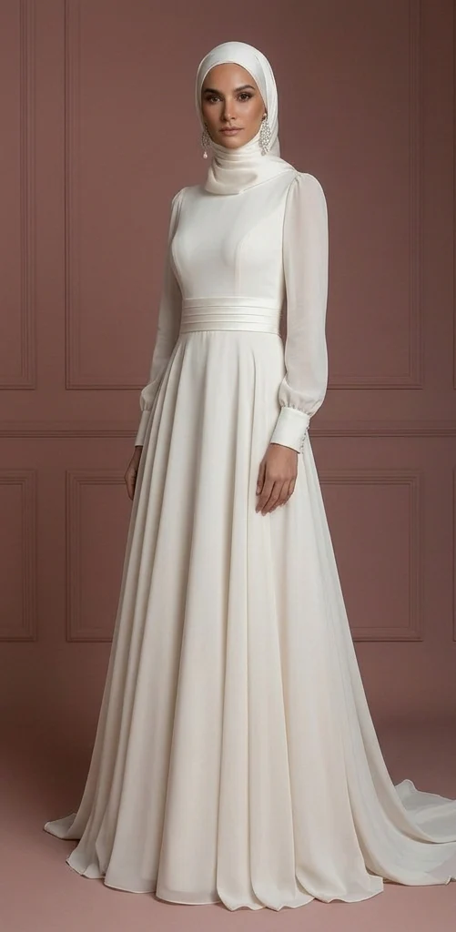 Chiffon Elegant Long Sleeve Wedding Dress β Soft Ivory Hijab Outfit Muslim - Image 2