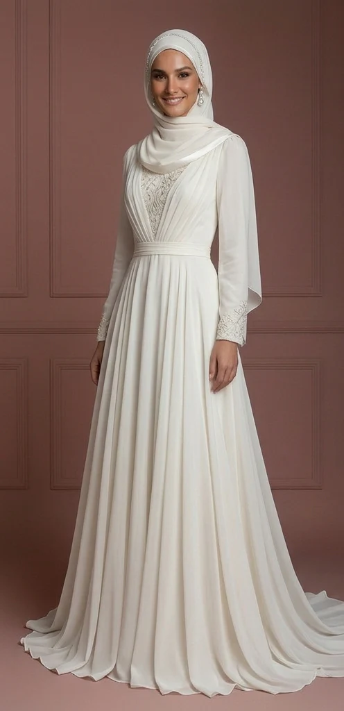 Chiffon Flowing Muslim Bridal Gown with Hijab – Perfect for Walima Wedding Dress - Image 2