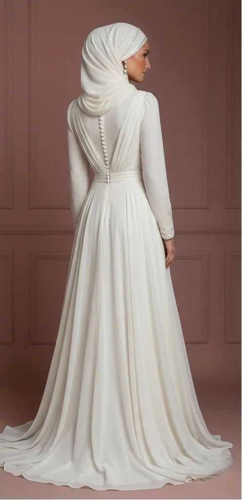 Chiffon Flowing Muslim Bridal Gown with Hijab – Perfect for Walima Wedding Dress - Image 3