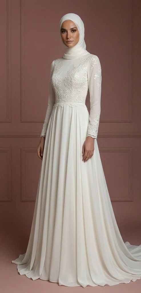 Chiffon Flowing Nikah Wedding Dress – Hijab-Friendly Modest Style Muslim - Image 2
