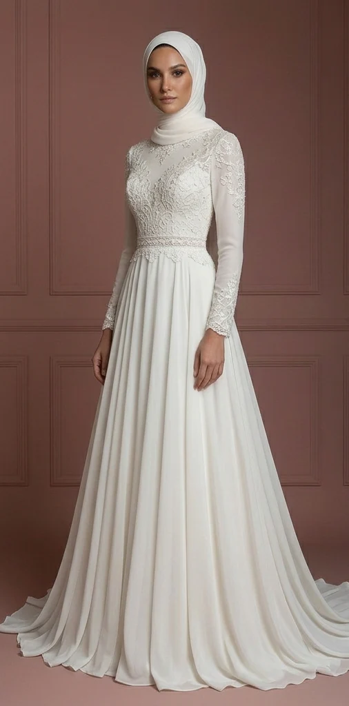 Chiffon Flowing Princess Gown – Ivory Modest Bridal Outfit Wedding Dress Muslim - Image 2