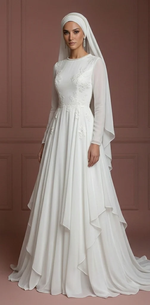 Chiffon Flowing Princess Gown – Pearl White Modest Muslim Wedding Dress - Image 2