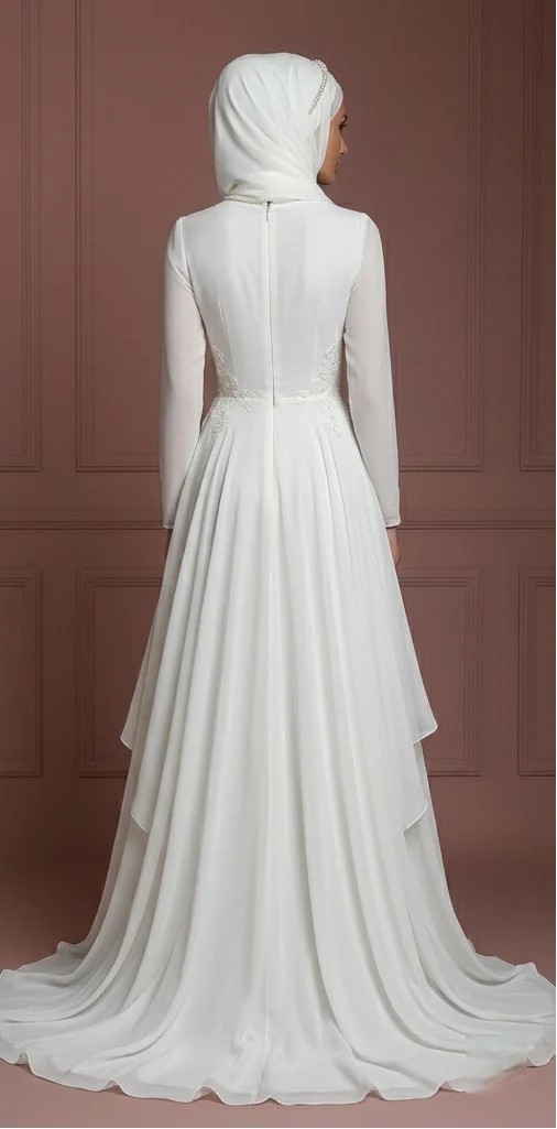 Chiffon Flowing Princess Gown – Pearl White Modest Muslim Wedding Dress - Image 3