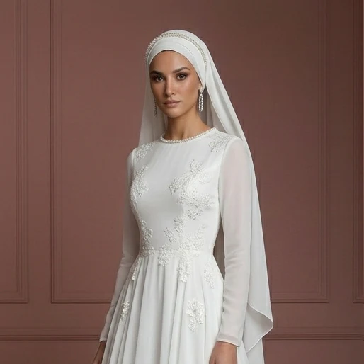 Chiffon Flowing Princess Gown – Pearl White Modest Muslim Wedding Dress - Image 4