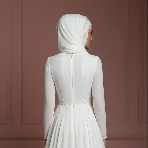 Chiffon Flowing Princess Gown – Pearl White Modest Muslim Wedding Dress - Image 5