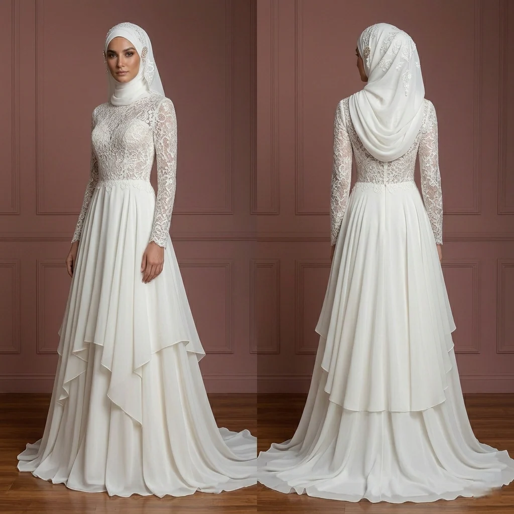Chiffon Layered A-Line Wedding Dress – Ivory Modest Hijab Style Muslim