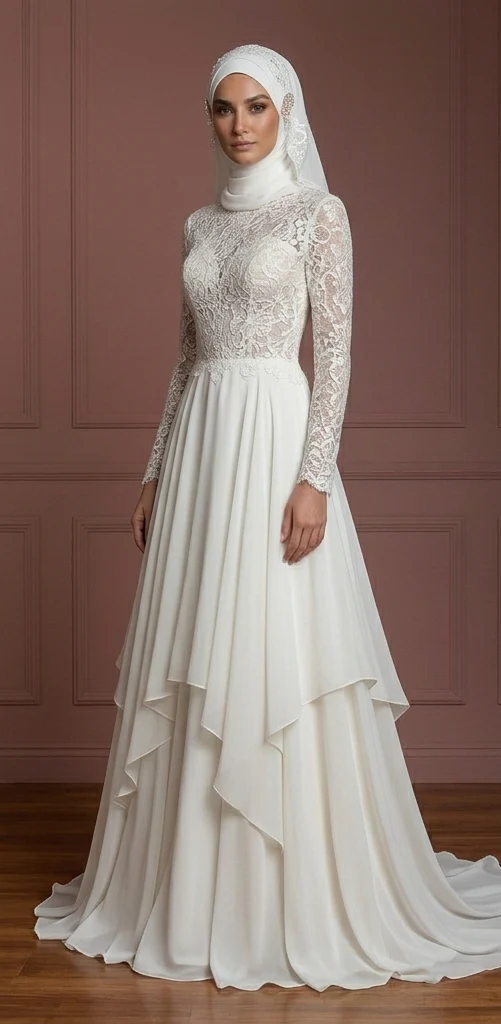 Chiffon Layered A-Line Wedding Dress – Ivory Modest Hijab Style Muslim - Image 2