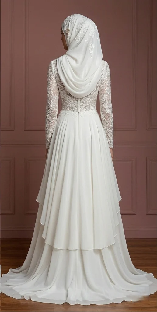 Chiffon Layered A-Line Wedding Dress – Ivory Modest Hijab Style Muslim - Image 3