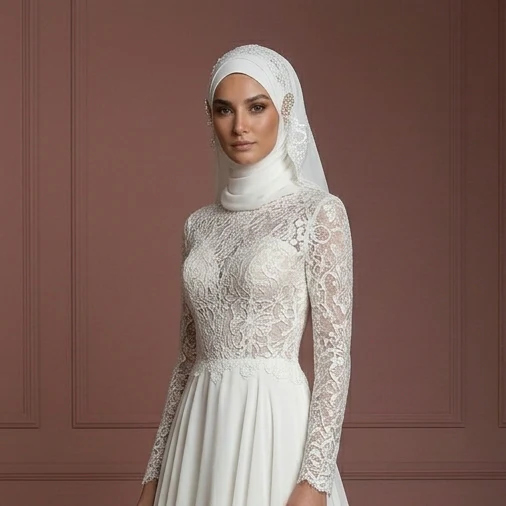 Chiffon Layered A-Line Wedding Dress – Ivory Modest Hijab Style Muslim - Image 4