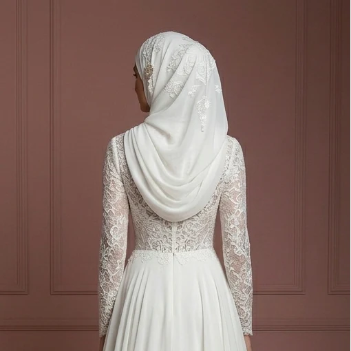 Chiffon Layered A-Line Wedding Dress – Ivory Modest Hijab Style Muslim - Image 5