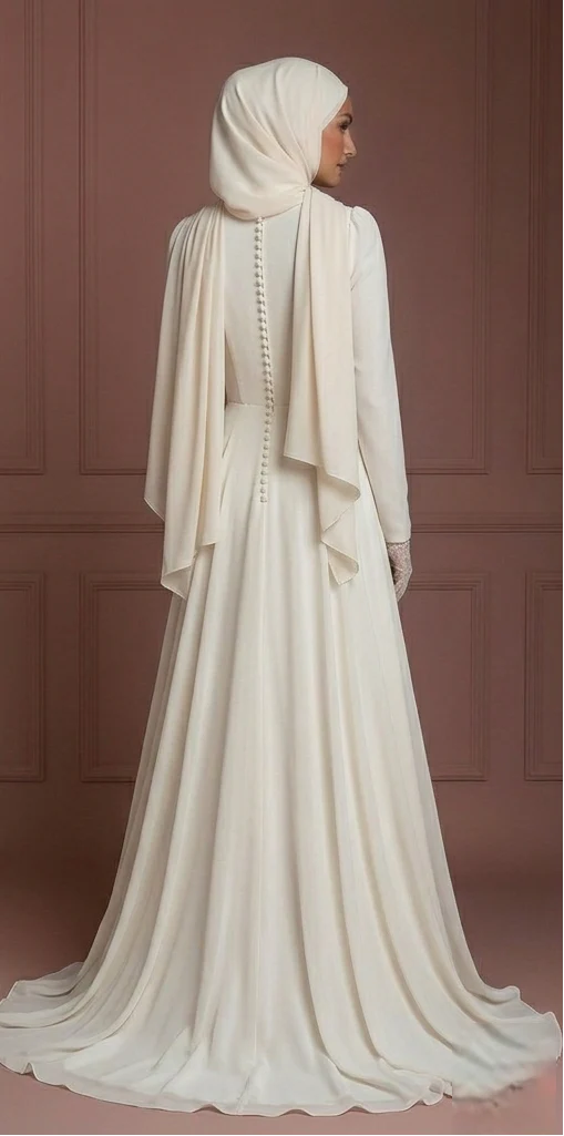 Chiffon Long Sleeve Wedding Dress – Soft Ivory Hijab Outfit Muslim - Image 3