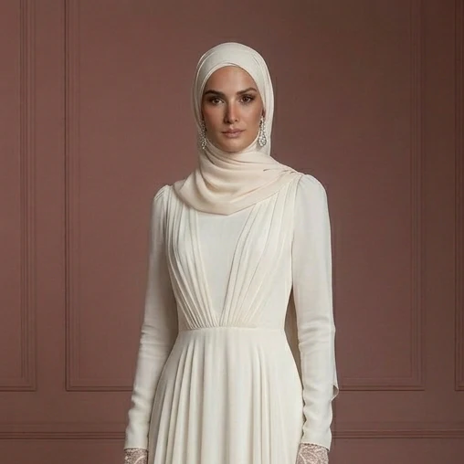 Chiffon Long Sleeve Wedding Dress – Soft Ivory Hijab Outfit Muslim - Image 4