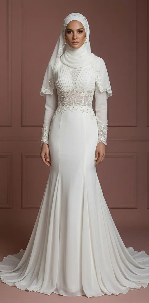 Chiffon Mermaid Hijab Wedding Dress – Pearl White Modest Outfit Muslim - Image 2