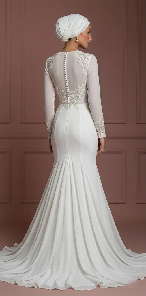 Chiffon Mermaid Hijab Wedding Dress – Pearl White Modest Outfit Muslim - Image 3