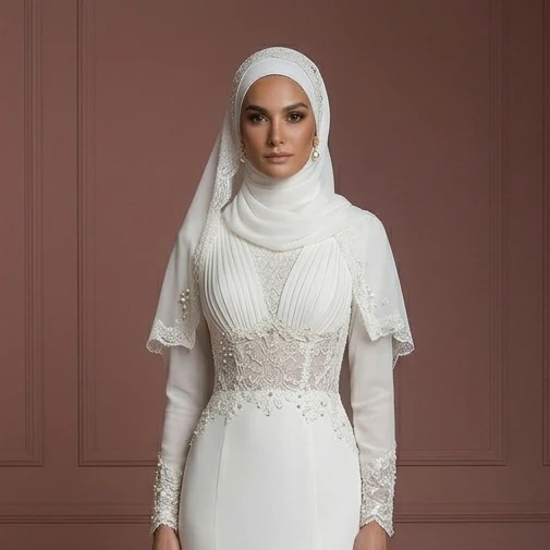 Chiffon Mermaid Hijab Wedding Dress – Pearl White Modest Outfit Muslim - Image 4