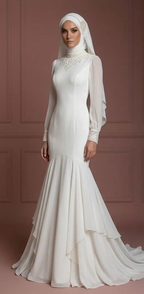 Chiffon Mermaid Wedding Dress – Pearl White Modest Hijab Bridal Look Muslim - Image 2