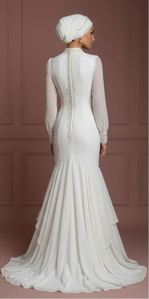 Chiffon Mermaid Wedding Dress – Pearl White Modest Hijab Bridal Look Muslim - Image 3