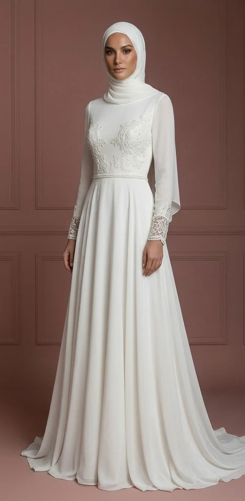 Chiffon Minimalist Hijab Wedding Dress – Ivory Nikah Outfit Muslim - Image 2
