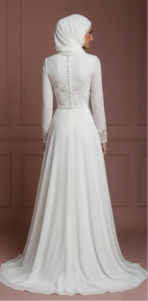 Chiffon Minimalist Hijab Wedding Dress – Ivory Nikah Outfit Muslim - Image 3