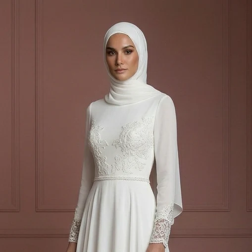 Chiffon Minimalist Hijab Wedding Dress – Ivory Nikah Outfit Muslim - Image 4