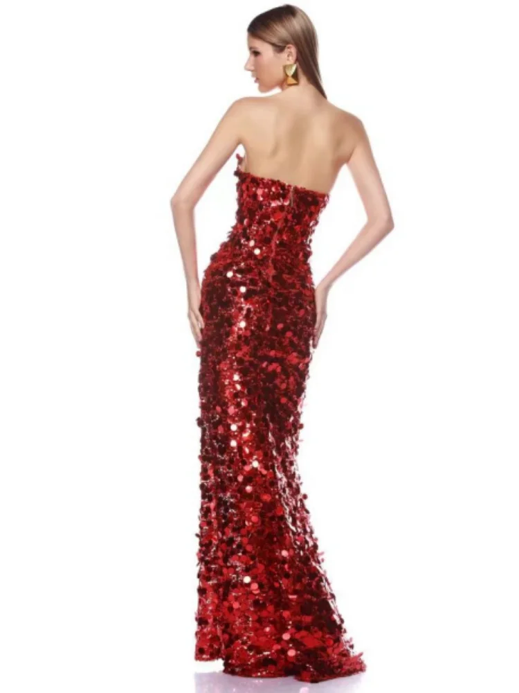 Christmas Style Women Shinning Red Sequins Strapless Bodycon Long Dress Celebrate Birthday Party Nightclub Outfit Vestido - Image 2