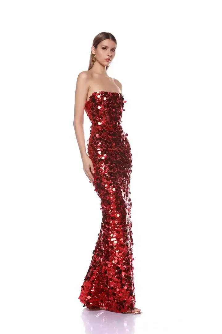 Christmas Style Women Shinning Red Sequins Strapless Bodycon Long Dress Celebrate Birthday Party Nightclub Outfit Vestido - Image 3
