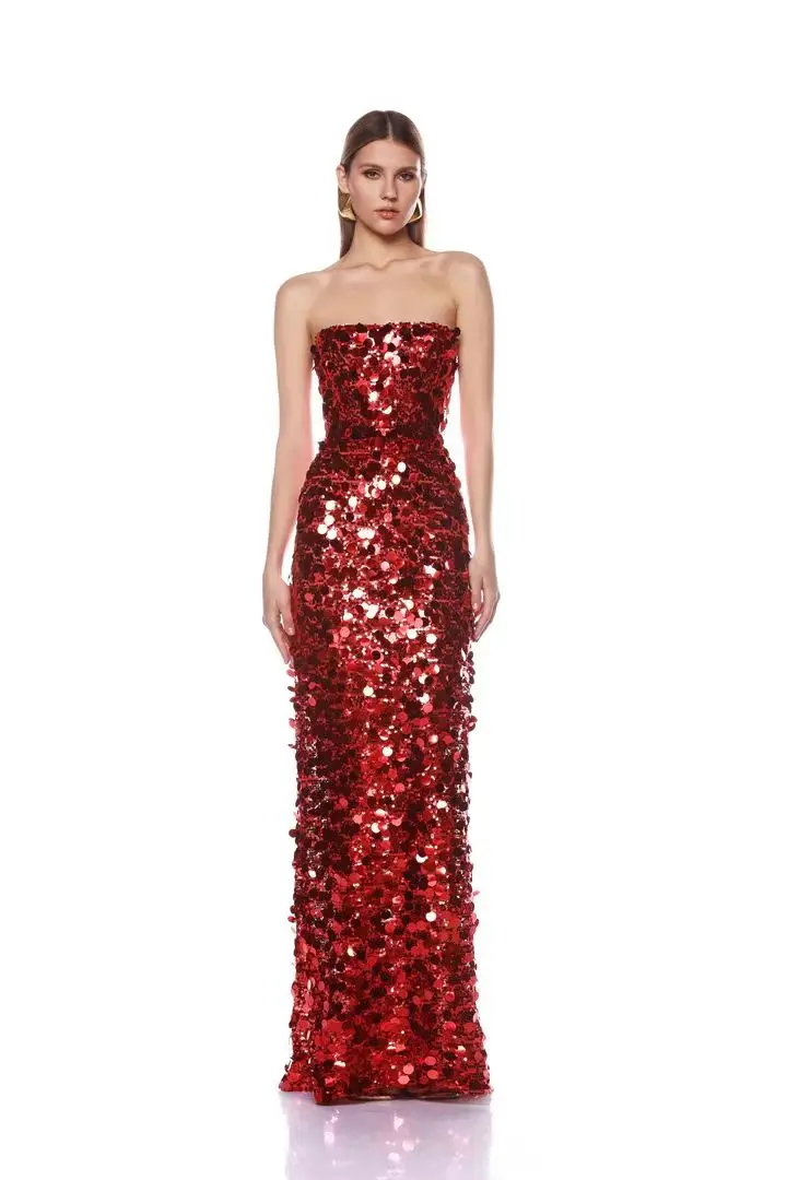 Christmas Style Women Shinning Red Sequins Strapless Bodycon Long Dress Celebrate Birthday Party Nightclub Outfit Vestido - Image 4