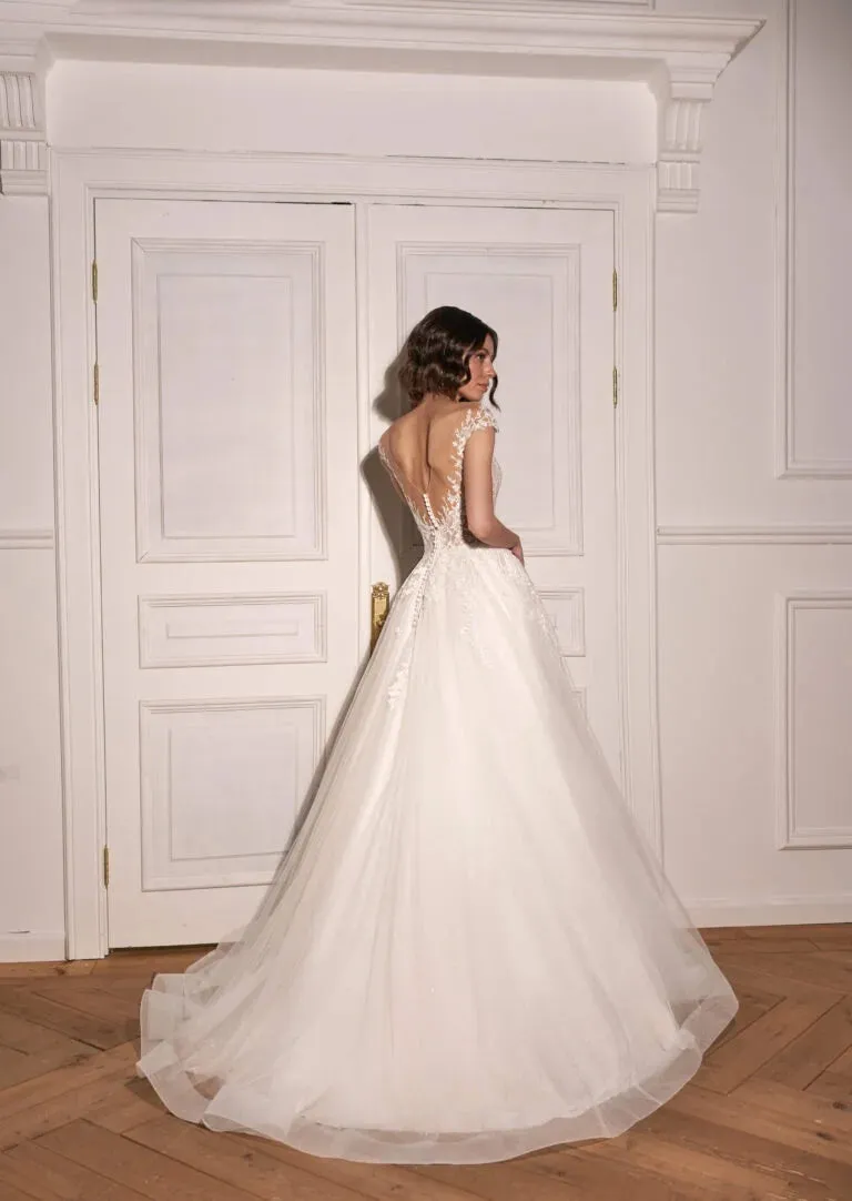 Classic A-Line Wedding Gown with Dropped Sleeves, Open Neckline, and Natural Waistline - Image 3