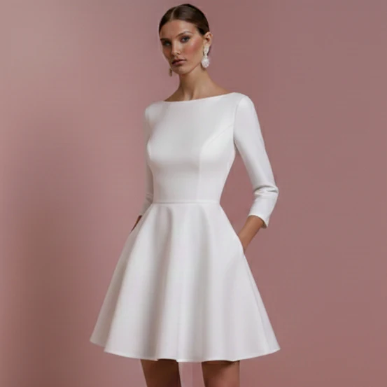 Formal Satin Wedding Dress With Pockets Short Boat Neck Bridal - Image 4