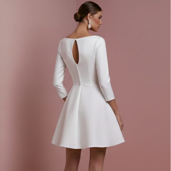 Formal Satin Wedding Dress With Pockets Short Boat Neck Bridal - Image 5