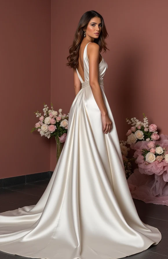 Classic White A-Line Wedding Dress with Satin Fabric and a Long Chapel Train - Image 3