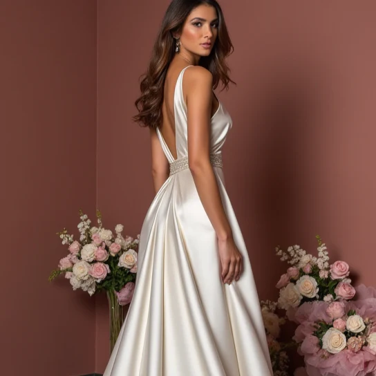 Classic White A-Line Wedding Dress with Satin Fabric and a Long Chapel Train - Image 5
