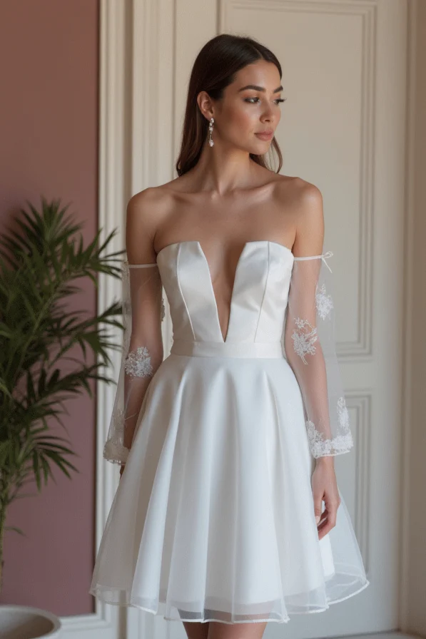 Classic White Mini Short Wedding Dress with a Wide V-Neck for an Elegant Look - Image 2